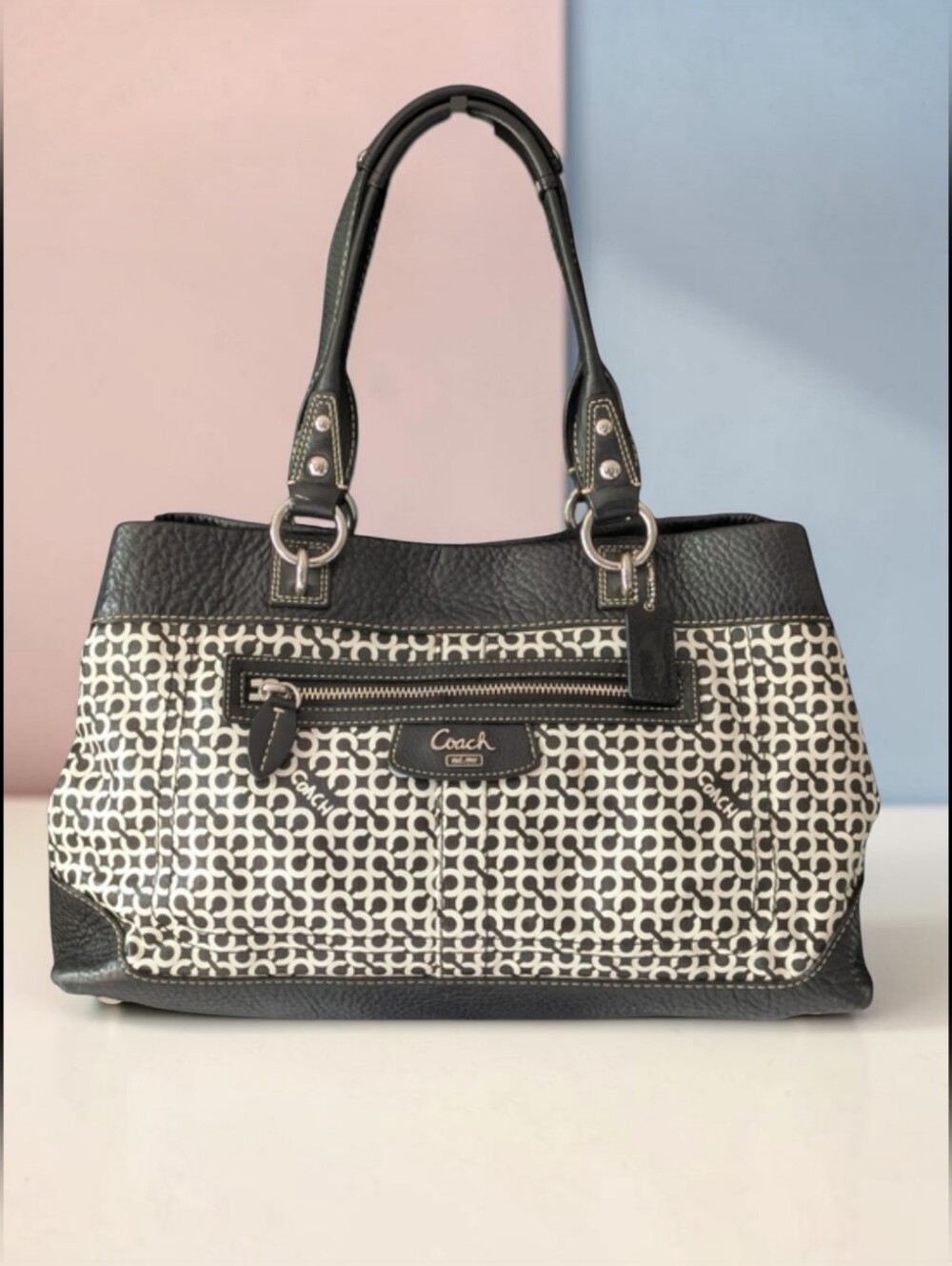 Coach Y2K Black White Op Art Signature C Leather Tote Bag